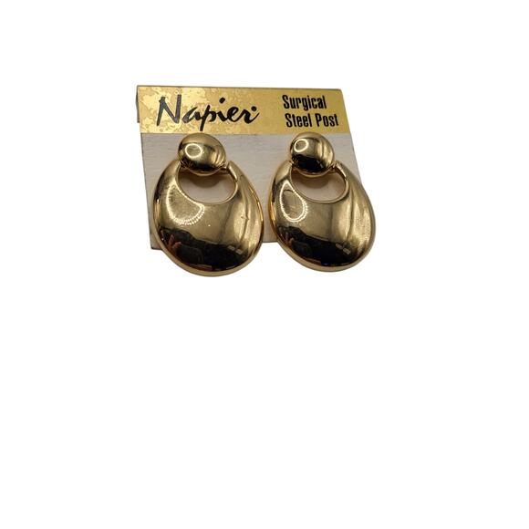 Vintage Napier Gold Tone Door Knocker Earrings On Card Surgical Steel Post - Picture 8 of 9